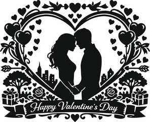 Romantic Couple Silhouette in Heart Frame &ndash; Happy Valentine&rsquo;s Day Love Illustration