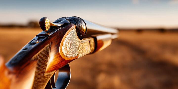 Ornate double barrel shotgun with gold engraving in field