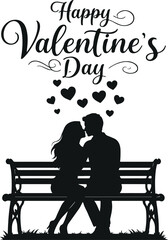Romantic Couple Silhouette on Bench &ndash; Happy Valentine&rsquo;s Day Love Illustration
