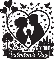 Couple in Heart Frame Silhouette &ndash; Happy Valentine&rsquo;s Day Romantic Illustration