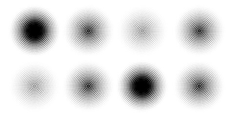 Halftone gradient circles collection. Dots textured round patterns. Cartoon comic radial faded background set. Abstract pixelated elements for frame, poster, collage, banner, flyer. Eps10