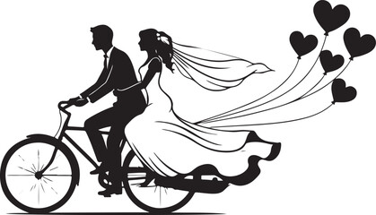 Romantic Couple Riding Bicycle with Heart Balloons &ndash; Valentine Love Silhouette