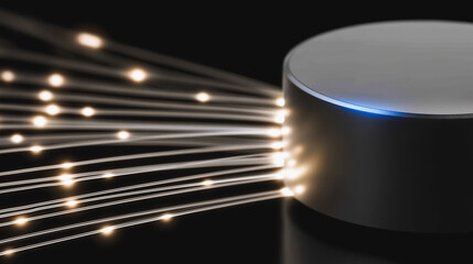 Futuristic smart device connected by glowing fiber optic data streams on a dark background
