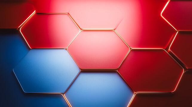Futuristic Hexagonal Red and Blue Background with Glowing Neon Edges - Powered by Adobe