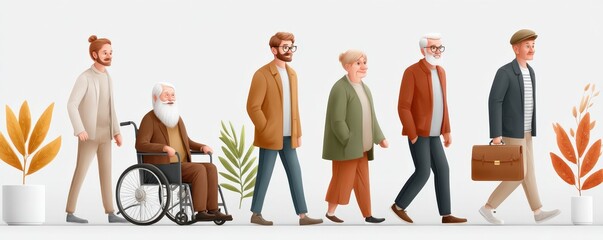 Diverse group of people walking urban setting digital illustration colorful plants side view life stages and connections