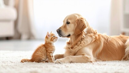 A fluffy golden retriever looks at a small orange tabby cat on a light carpet