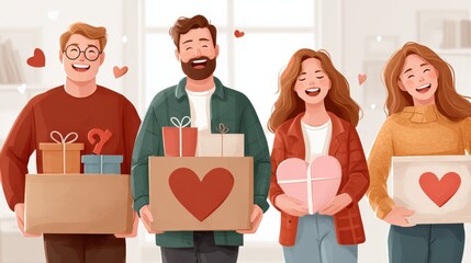 Celebrating love and friendship a joyful gift exchange in a bright living room heartwarming illustration cheerful atmosphere