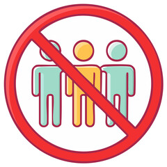 No gathering symbol with colorful simplified people icon inside a red prohibition sign