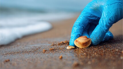 Close-Up of a Hand in Blue Glove Picking Up a Shell from the Sandy Beach by the Ocean Shore Under Bright Natural Light