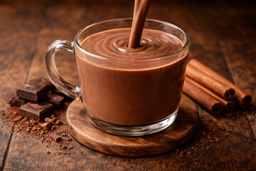 Rich Hot Chocolate in Glass Mug with Cinnamon and Chocolate Pieces