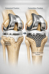 Cemented vs Cementless Knee Implant Fixation Methods with porous 3D printing