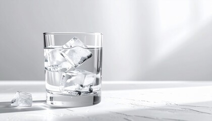 A clear glass with ice cubes sits on a white surface, lit with subtle shadows