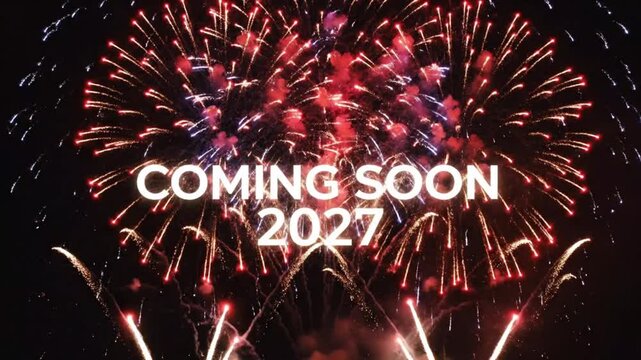 Dramatic Night Sky Fireworks Display Background with Glowing "COMING SOON 2027" Text isolated PNG with Transparent Background