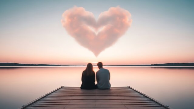 Couple sitting on dock with heart shaped cloud