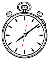 Illustrated stopwatch timer with black outline and red second hand, isolated.