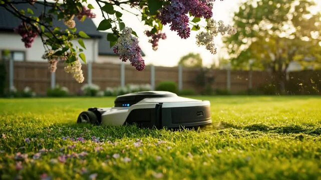 Automated robotic lawn mower trims fresh green grass in a suburban garden under the spring sun