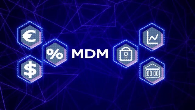 MDM text and interconnected icons. MDM Master Data Management Concept Illustration with Interconnected Icons
