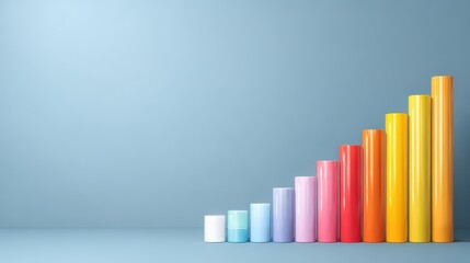 Colorful cylindrical bars representing growth and progress in a minimalist setting with soft blue background for business and educational concepts