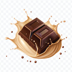 realistic 3d dark chocolate bar with chocolate cream splash in different style isolated on transparent background