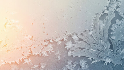 Delicate frost patterns on a window with a serene winter mood, illuminated by a warm blue and white glow, showcasing intricate icy texture for seasonal background design.