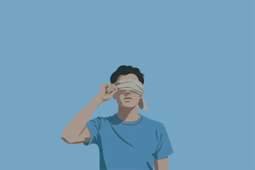 Minimalist flat illustration of a blindfolded man symbolizing uncertainty, ignorance, trust, or lack of awareness. Concept for psychology, decision making, and abstract ideas. Vector illustration.