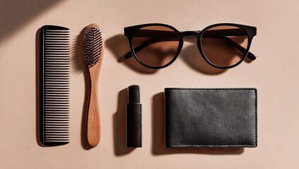 Neat arrangement of hair & personal accessories flatlay on light brown backdrop