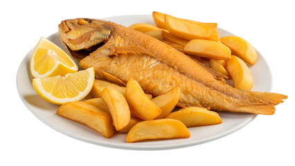 Delicious plate of fried fish and chips isolated on transparent background