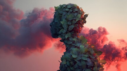 Human head and shoulders formed from green leaves against dramatic pink and purple clouds