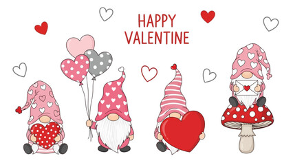 Gnomes celebrating Valentine's Day with hearts and flowers in a whimsical scene from a straightforward viewpoint