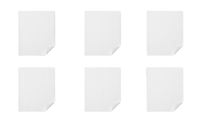 A grid of six blank white sheets of paper, each with a gently curled corner, arranged in two rows of three, creating a clean and organized presentation