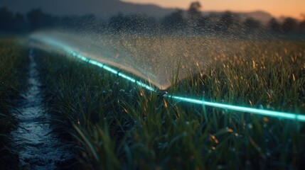 Agricultural irrigation system with glowing blue tube watering crops at sunset