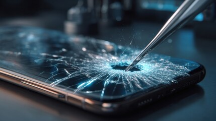 Close up of a smartphone screen with a large crack being examined by tweezers