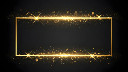 A golden rectangular frame glows with sparkling particles and light effects against a dark background