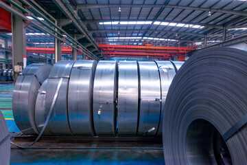 Close up of hot-rolled steel coils and strips, metal sheet industry