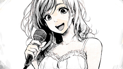 アニメ風の少女がマイクで歌う楽しいイラスト