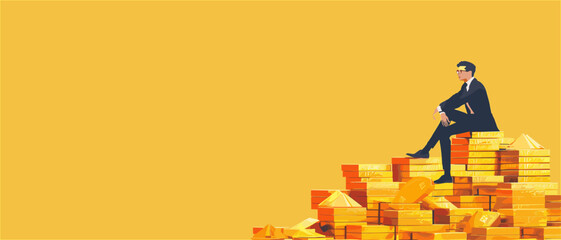 金塊の山に座るビジネスマンのイラスト