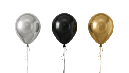 Elegant trio of metallic silver, black, and gold balloons, isolated on white. Perfect for sophisticated celebrations and festive events