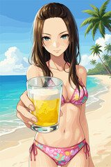 ビーチでグラスを掲げる水着女性のイラスト