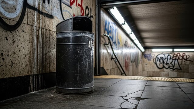Underground subway scene featuring graffiti and trash can in urban setting