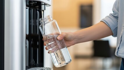 Hand refilling reusable water bottle at dispenser in modern setting