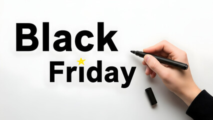 A hand writes Black Friday on a white background with a black marker