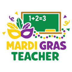 Mardi Gras Teacher Celebration with Classroom Chalkboard and Mask Illustration