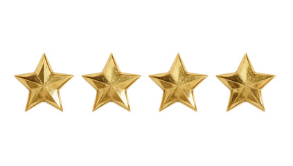 Obraz premium Four gleaming golden stars isolated on a pristine white background, representing top-tier quality, customer satisfaction, achievement, and celebratory recognition
