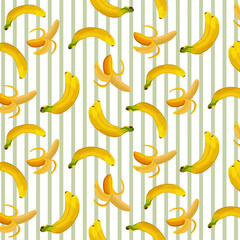 Yellow tropical fruits on striped background.Vector seamless pattern with yellow bananas on a white background with colored stripes. © Anatolii