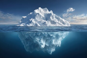A submerged iceberg threat scene is presented in passive voice, ice fractures and melting edges dominate, surface calm contrasts danger, environmental message is strong, cinematic 3D realism is used 