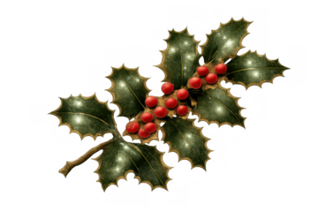 Holly branch with red berries and green leaves, symbolizing christmas, winter holidays, and festive decoration on transparent background