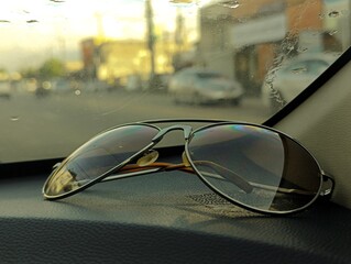 sunglasses on a car dashboard at city