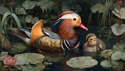 A vividly plumed mandarin duck glides peacefully with its ducking nestled on its back across tranquil waters. 
