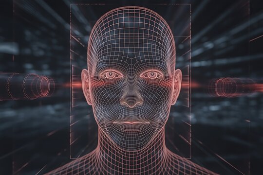 Futuristic human face with wireframe grid and neon lights in dark background - Powered by Adobe