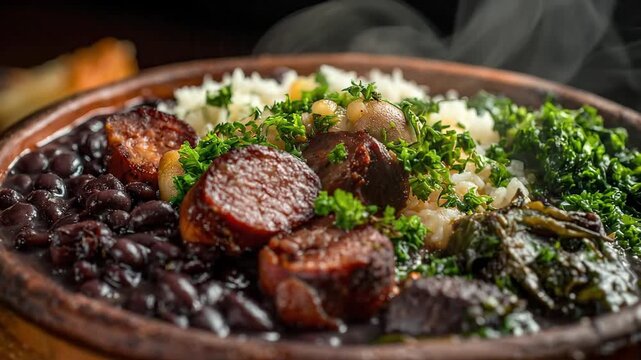 Steaming traditional Brazilian Feijoada stew with black beans, sausage, rice and kale in a rustic clay pot
